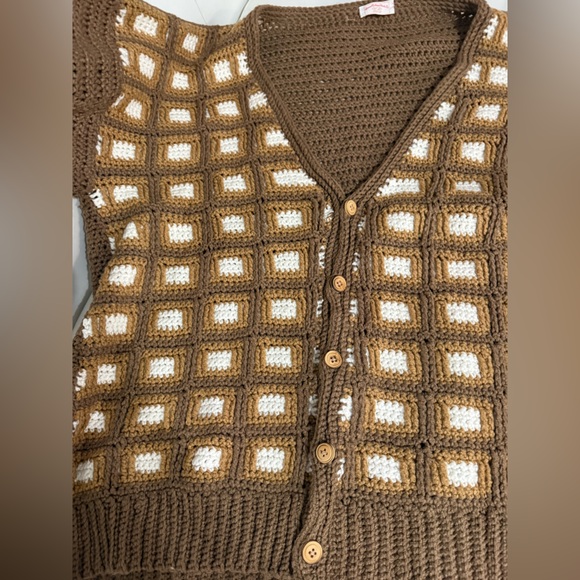 Brown and White handmade knit blanket cardigan Sweater one of a kind 3X Large - Picture 7 of 10
